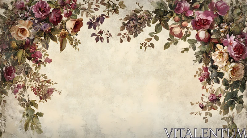 Vintage floral border with roses on textured neutral ground.