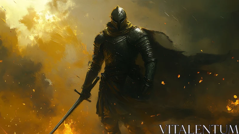 Armored swordsman in dark environment with scattered embers.