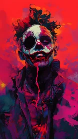 Ferocious neon clown with eyepatch in scarlet haze.