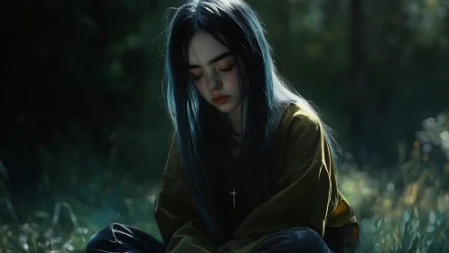 Melancholic girl with blue hair sitting alone outdoors.