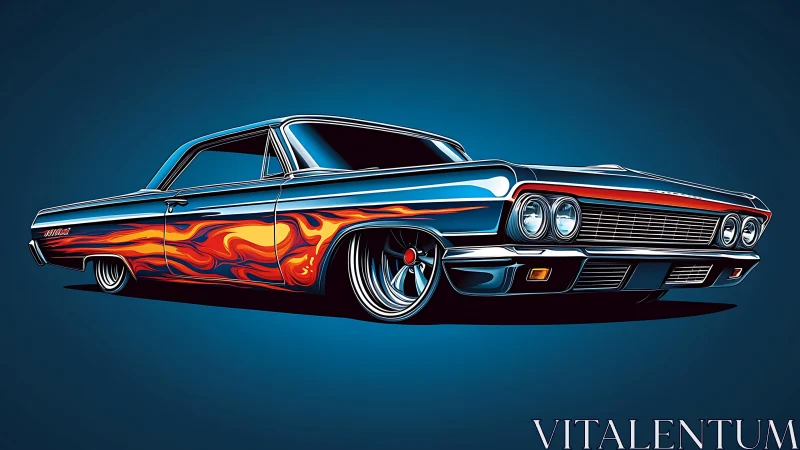 Lowrider coupe rendered with vector flames and stylized chrome reflections