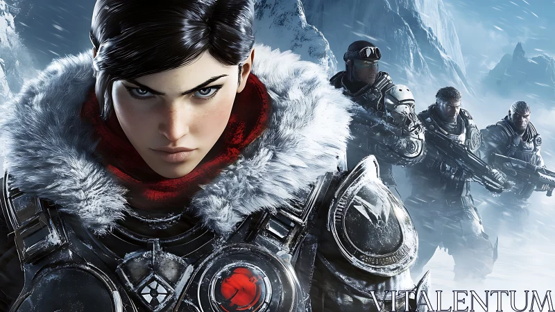 Armored squad advancing through icy battlefield environment