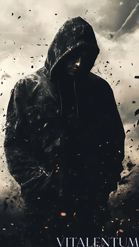 Hooded figure in fragmented dark coat amid drifting debris.
