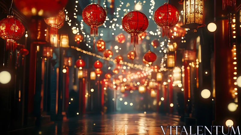 Lantern-lit festival street shimmering in dreamy night glow.