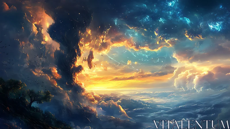 Volumetric nebula sky merges with sunset-lit cloud ocean horizon