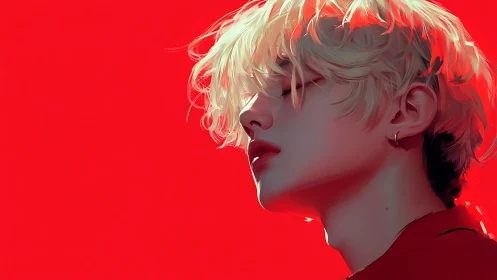 Chromatic profile study of blond youth against saturated red field.