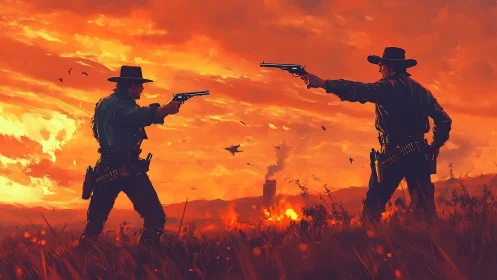 Gunfighters carve burning sky in a last red frontier duel.