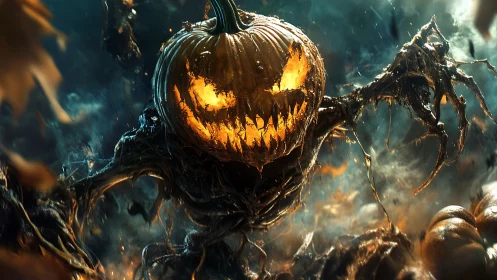 Menacing jack o lantern monster in dark haunted field.