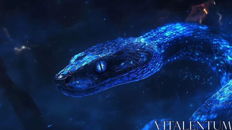 Bioluminescent blue serpent emerging through cosmic void.