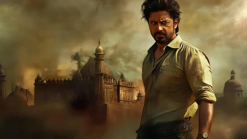 Brooding hero stands before ancient fortress in stormy dusk.