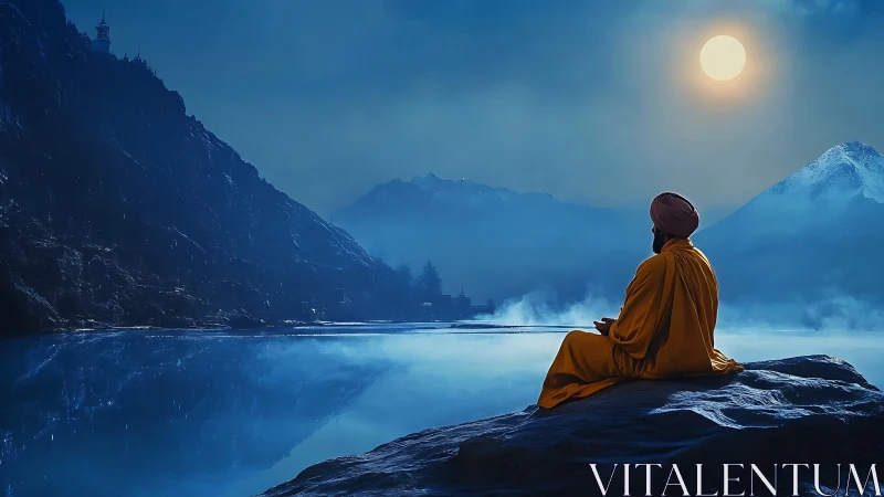 Soft moonlit lake welcomes a peaceful monk in quiet reflection