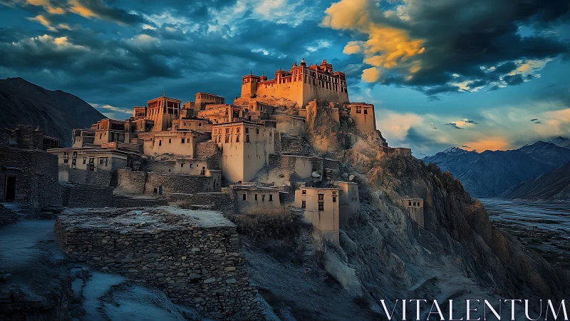 Hilltop monastery complex stands over rocky valley at dusk
