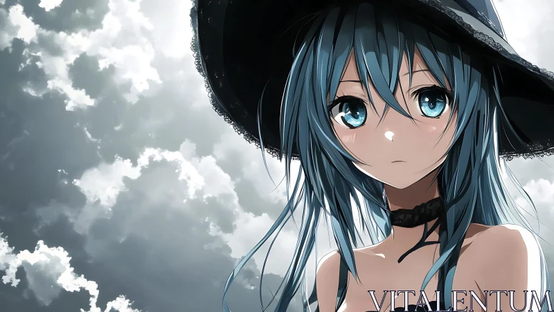 Blue-haired anime girl in wide hat under backlit cloudscape.