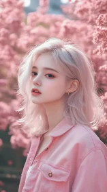 Pastel-haired portrait in soft pink floral bokeh field.