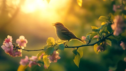 Singing songbird on blossoming branch at sunrise, dreamy style.