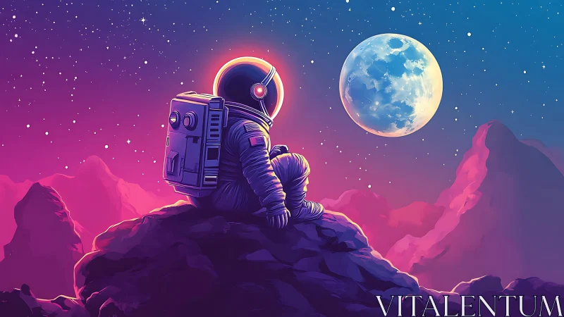 Solitary astronaut studies luminous dual moons over neon cliffs