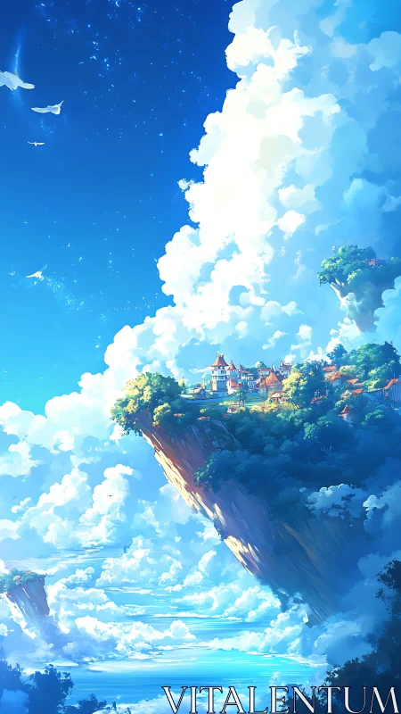 Floating cliff village rendered in high-saturation atmospheric depth