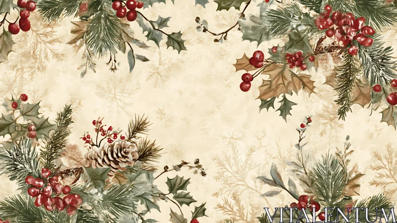 Holiday botanical border with pine, holly and red berries.