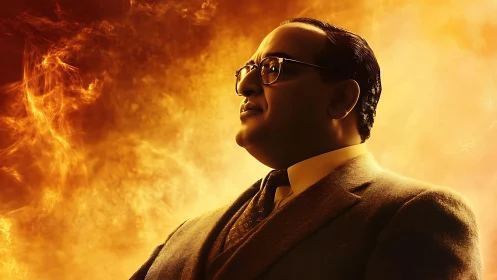 Profile portrait of suited man against intense orange flames.