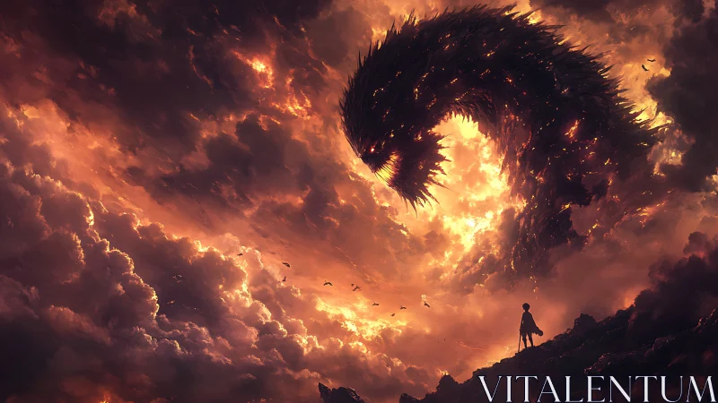 Storm-lit sky serpent meets a lone, steady dreamer.