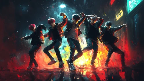 Neon street dance crew in dynamic digital painting composition.
