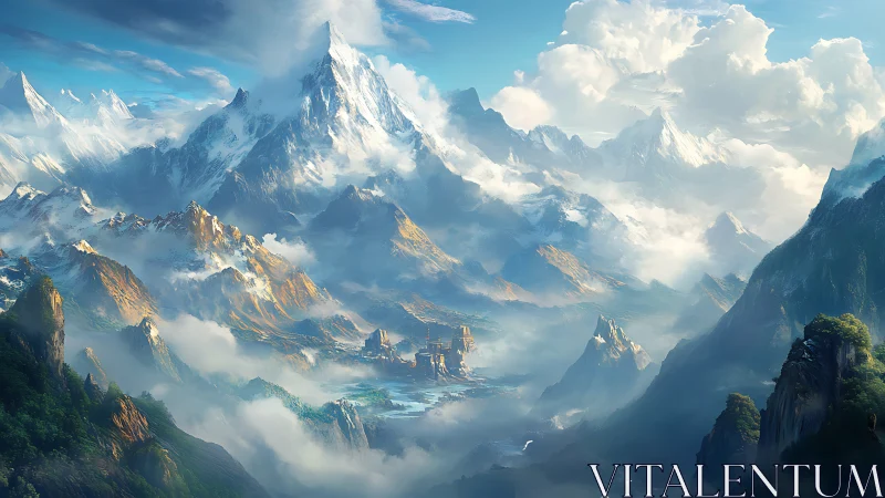 Skyward kingdom cradled in colossal sapphire mountains.