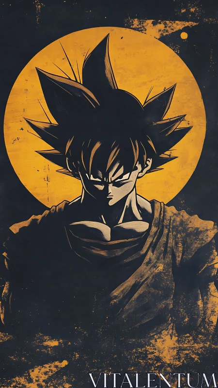 Stoic anime warrior framed by distressed golden halo