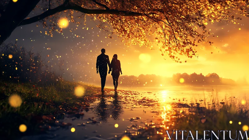 Two Figures Walk Toward Golden Sunset Over Water