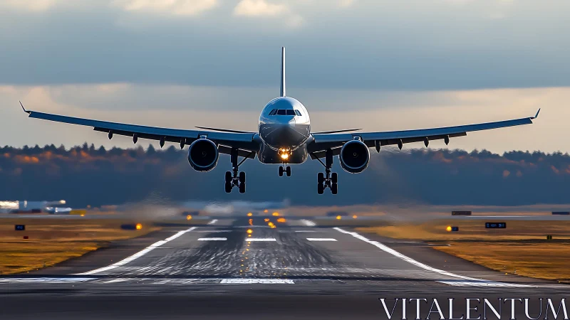 Widebody airliner executes stabilized flare on illuminated runway