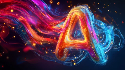 Luminous letter A in swirling multicolored digital light forms.