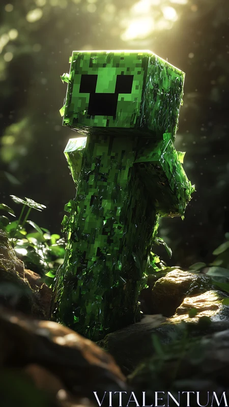 Pixel creeper sculpture glows under forest backlight.