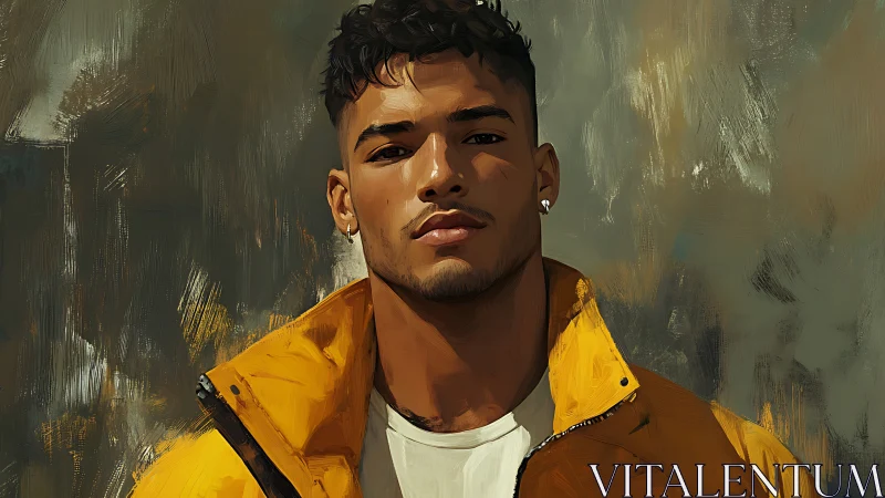 Warm-lit digital portrait of man in yellow jacket displays poise