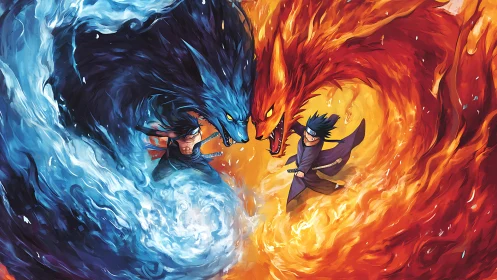 Elemental warriors clash as fire and water spirits collide.