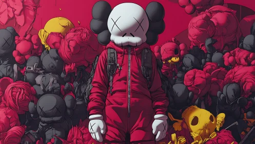 Hooded cartoon figure in red amid clustered toy forms.