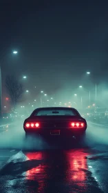 Rear view of car on wet city street in night fog.