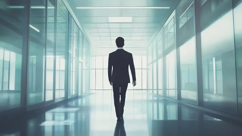 Solitary Figure Traversing Minimalist Corporate Corridor with Geometric Glass Partitions