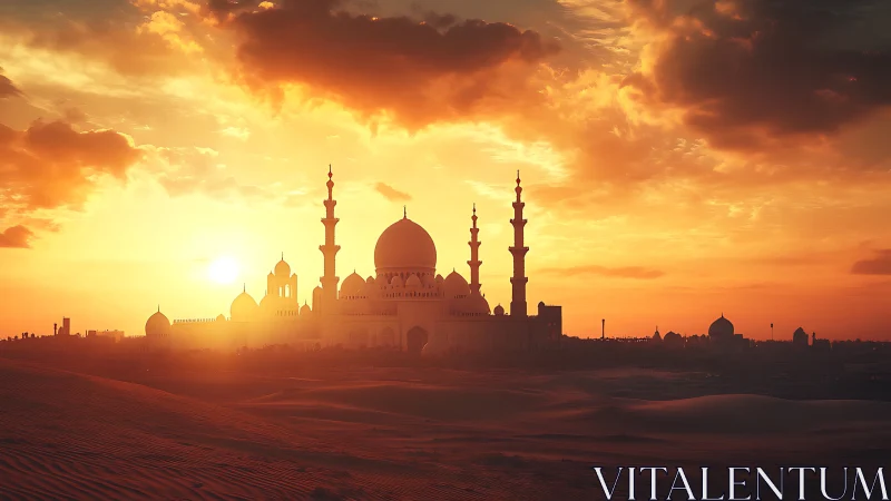 Mosque silhouette in desert landscape at low sun period.