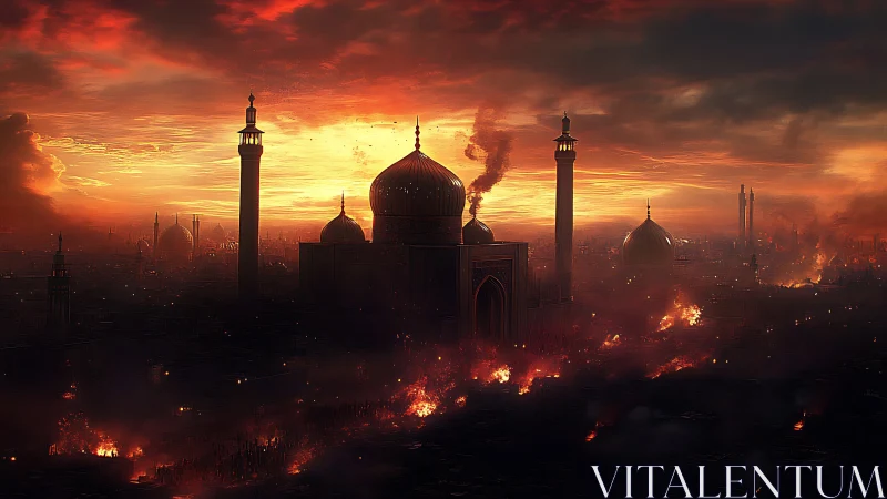Sunset inferno over domed empire in burning twilight haze.