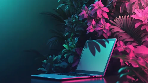 Open laptop is positioned among dense neon-lit foliage