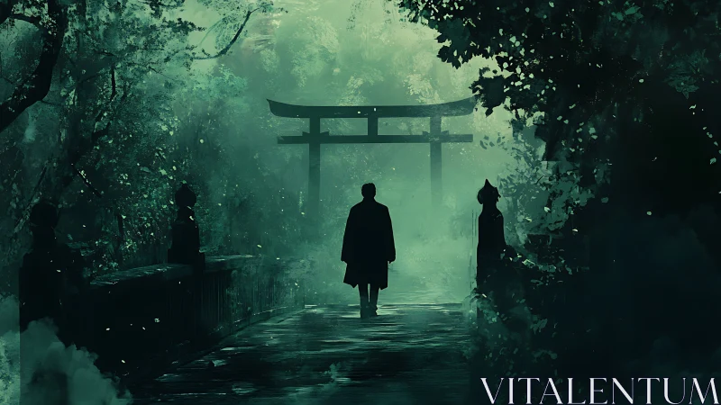 Solitary figure crossing misted bridge toward torii gate.
