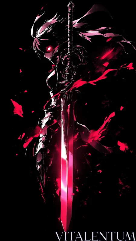 Anime dark knight silhouette with neon crimson energy blade.