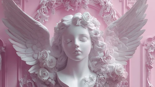 Winged angel sculpture with roses in pastel pink relief.