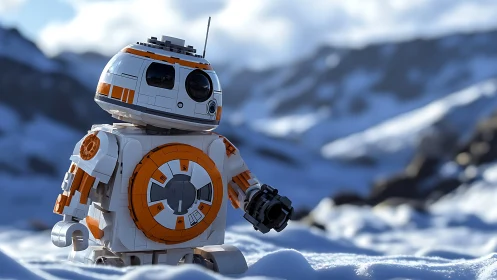 Lego-style orange droid explores a bright snowy mountain
