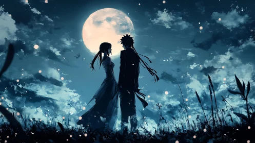 Silhouetted pair under full moon in stylized night landscape.