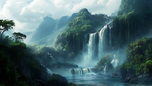 Lush jungle waterfalls cascade into misty turquoise basin