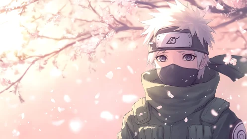 Masked silver haired ninja stands under glowing cherry blossoms