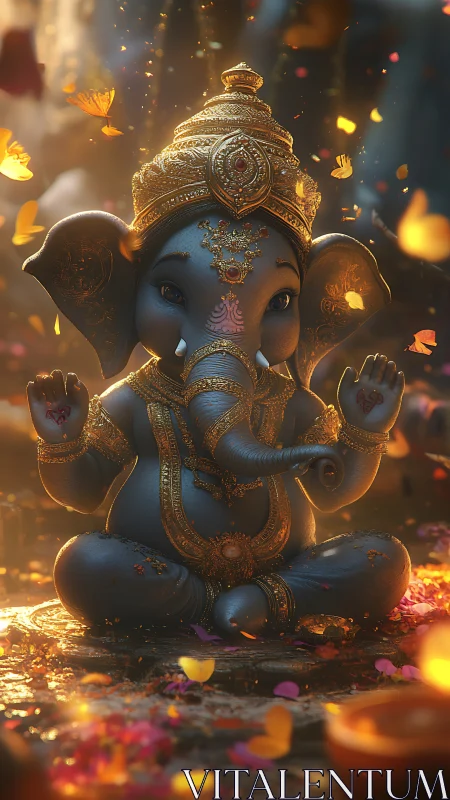 Golden-lit baby Ganesha quietly gathers falling petals