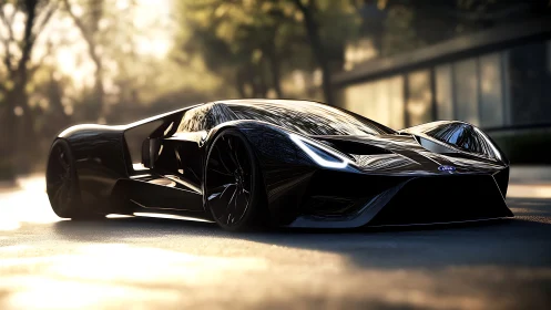 Black futuristic Ford supercar reflects soft urban sunlight