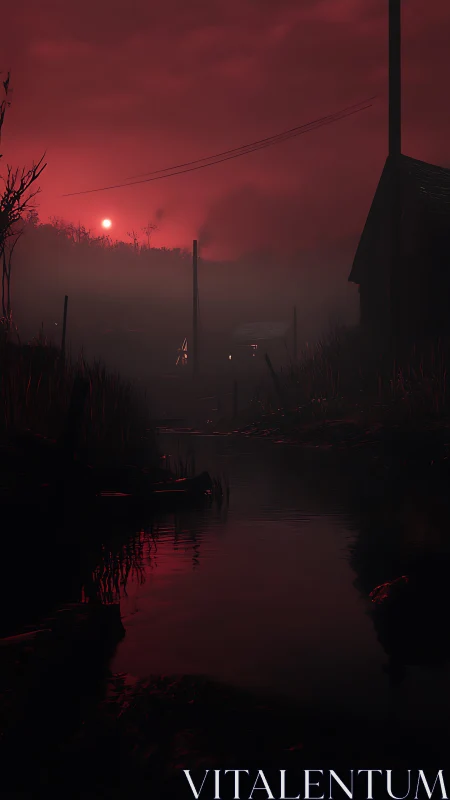 Rural waterway at dusk under red overcast sky period.