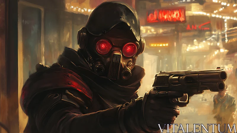 Masked gunman aims pistol under neon lights in hazy alley